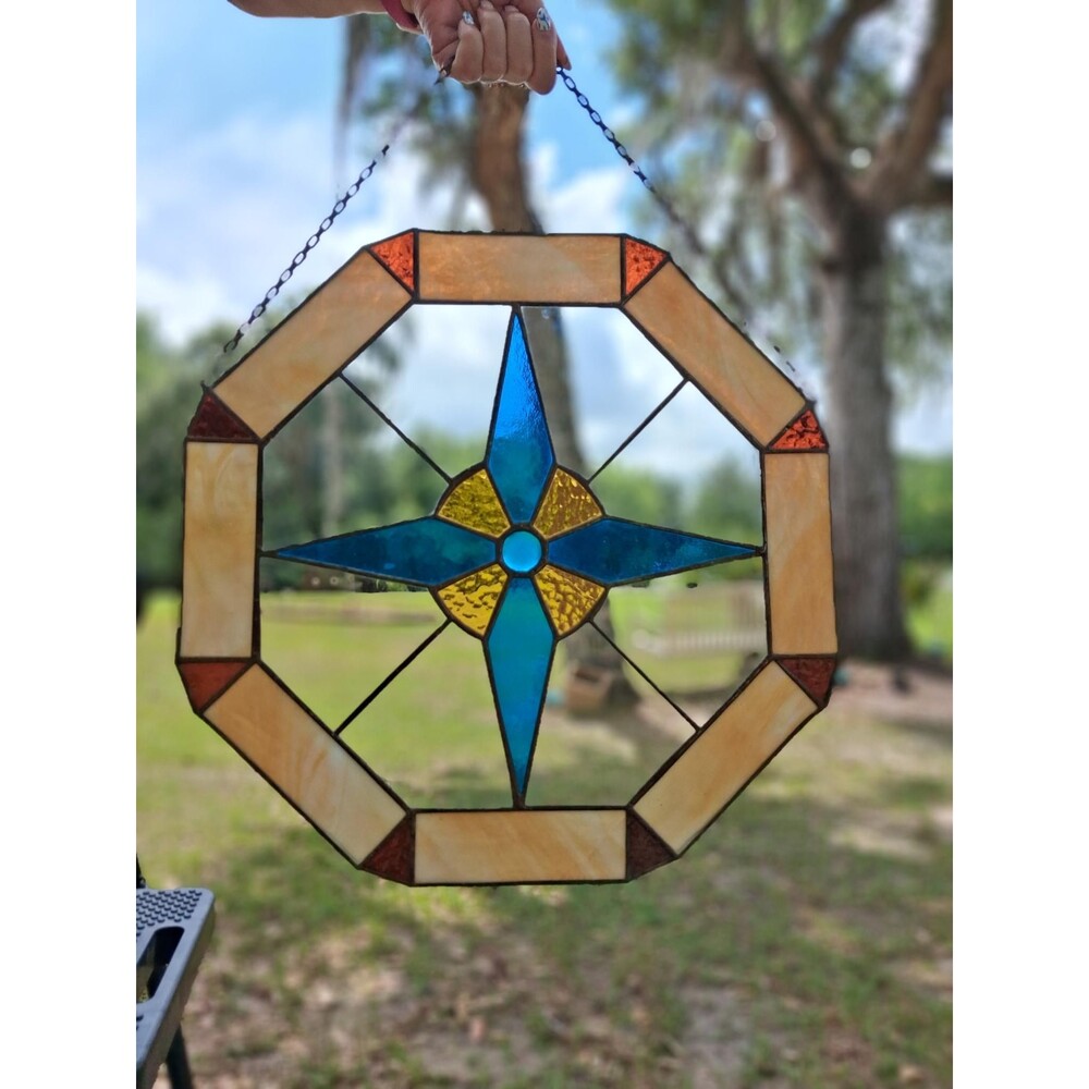Vintage Stained Glass Celestial Compass Panel – Signed 1976 Schluter Studio TN